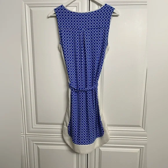 Ann Taylor Factory Size XS Sleeveless V Neck Dress Blue White Belt Midi Office - Picture 10 of 12